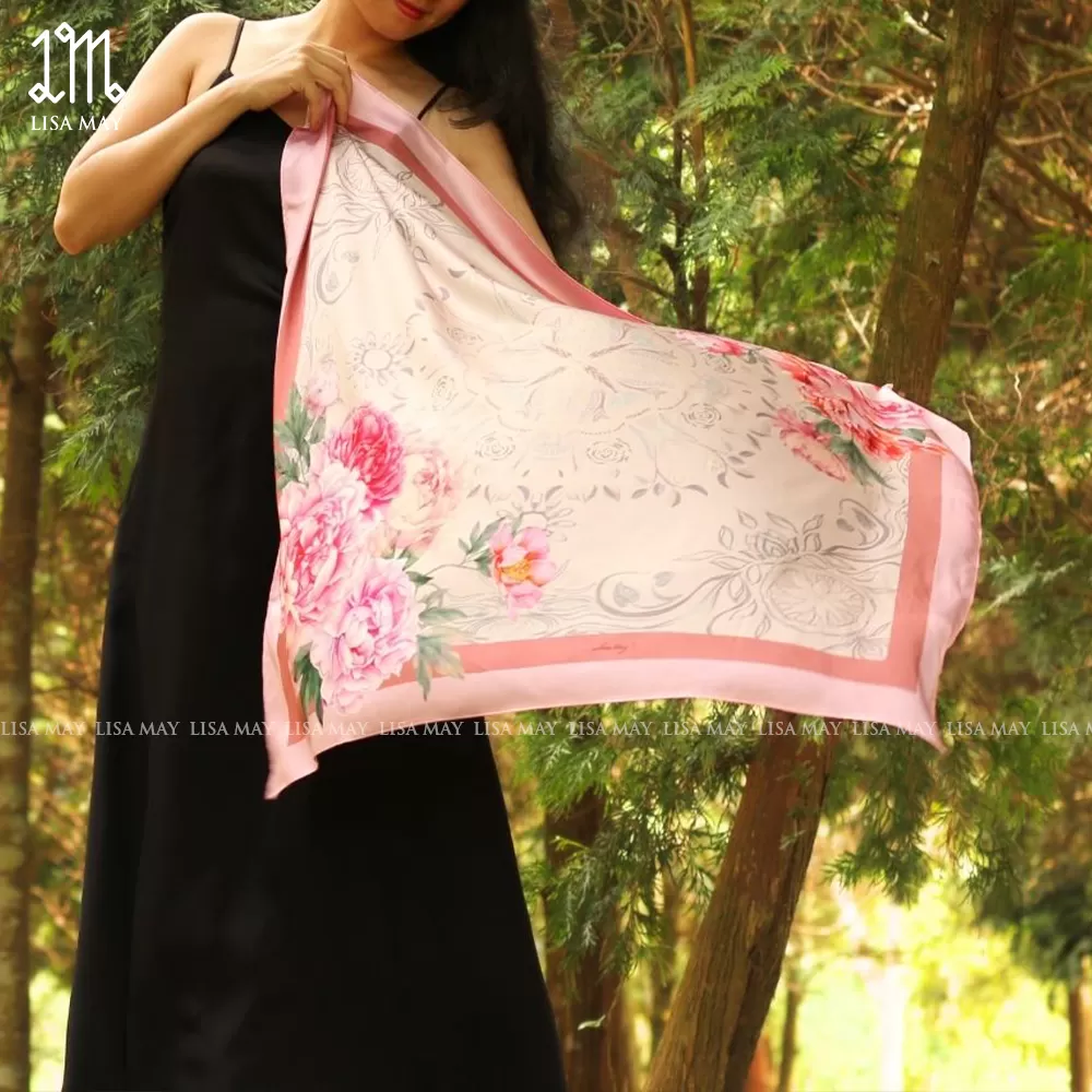 Khăn lụa tơ tằm hai mặt Hoa Mẫu Đơn (DKV-MD2S90)