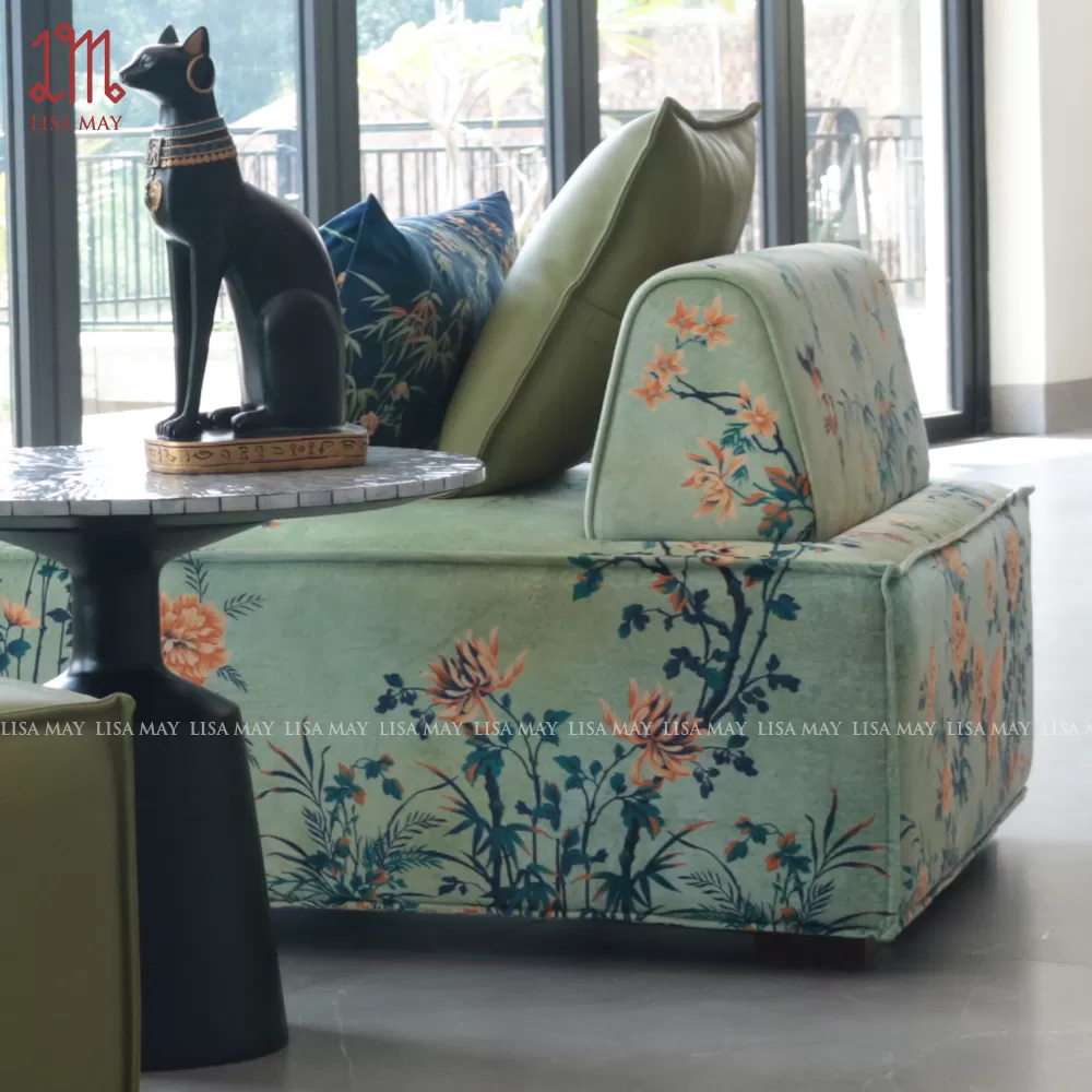 Ghế sofa ottoman bọc vải thiết kế họa tiết cúc trúc