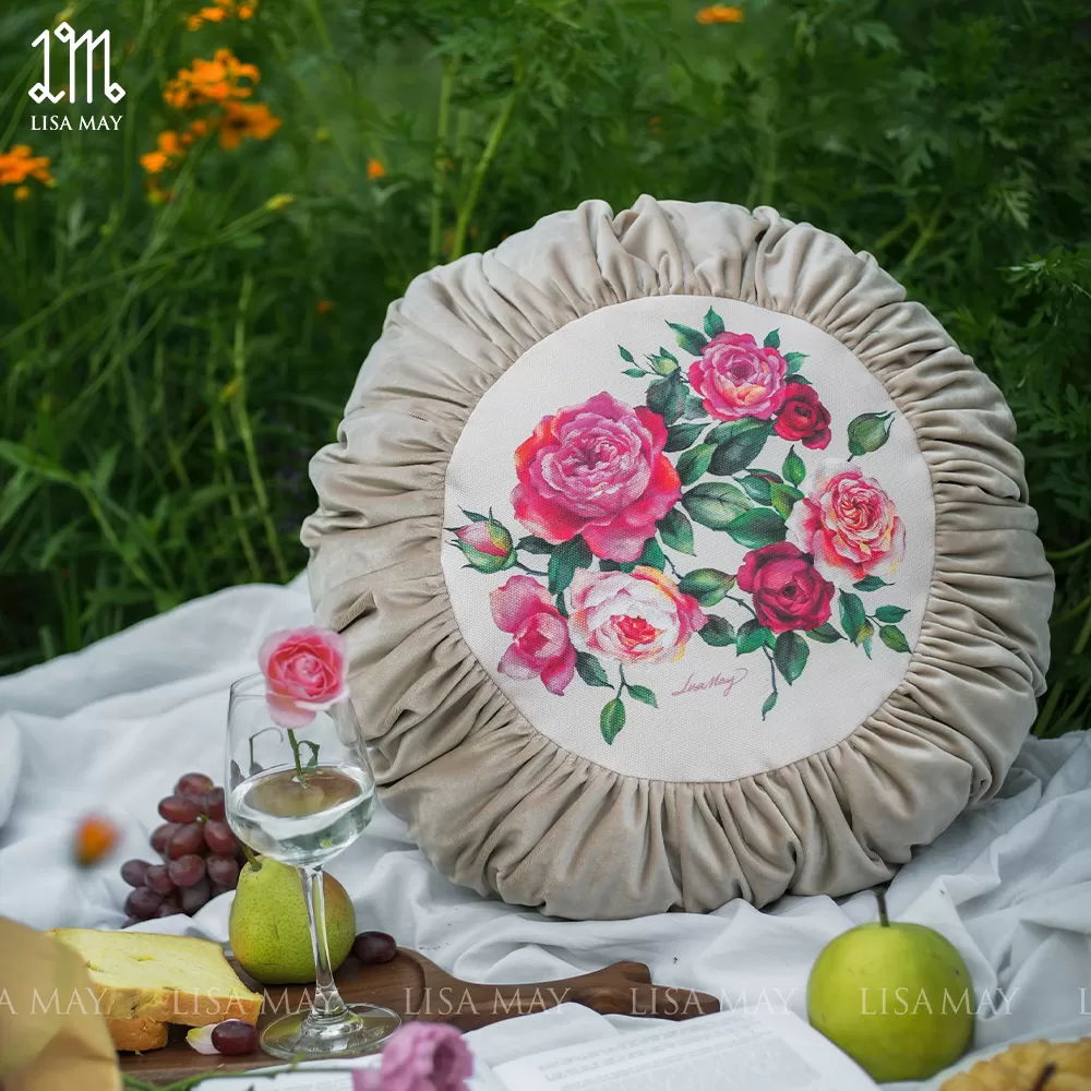 Gối tròn thiết kế họa tiết hoa hồng (DG-HH06b)