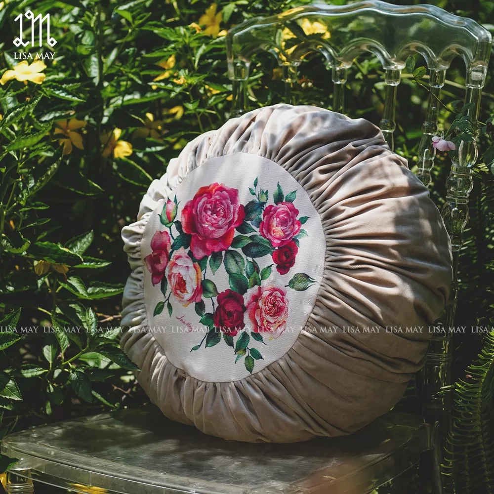 Gối tròn thiết kế họa tiết hoa hồng (DG-HH06b)