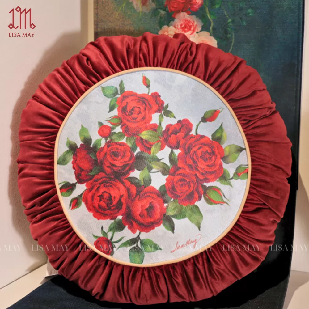 Gối tròn thiết kế họa tiết hoa hồng (DG-HH12b)