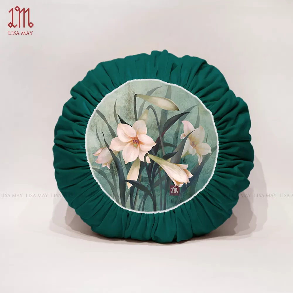 Gối tròn thiết kế họa tiết hoa loa kèn đáp nhung (DG-LK2a)