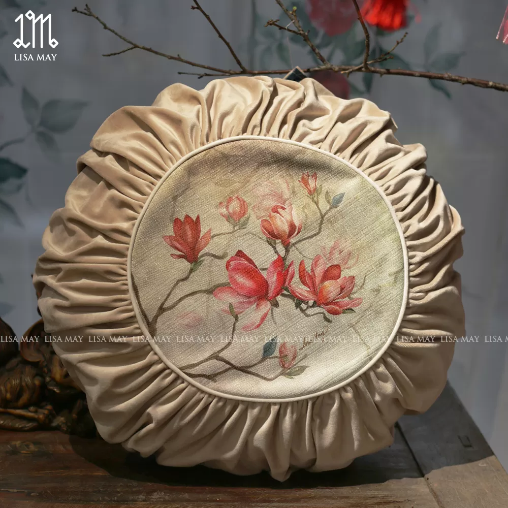 Gối tròn thiết kế họa tiết hoa mộc lan (DG-ML04e)