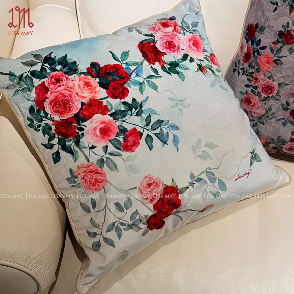 Gối vuông thiết kế họa tiết hoa hồng (DG-HH16b)