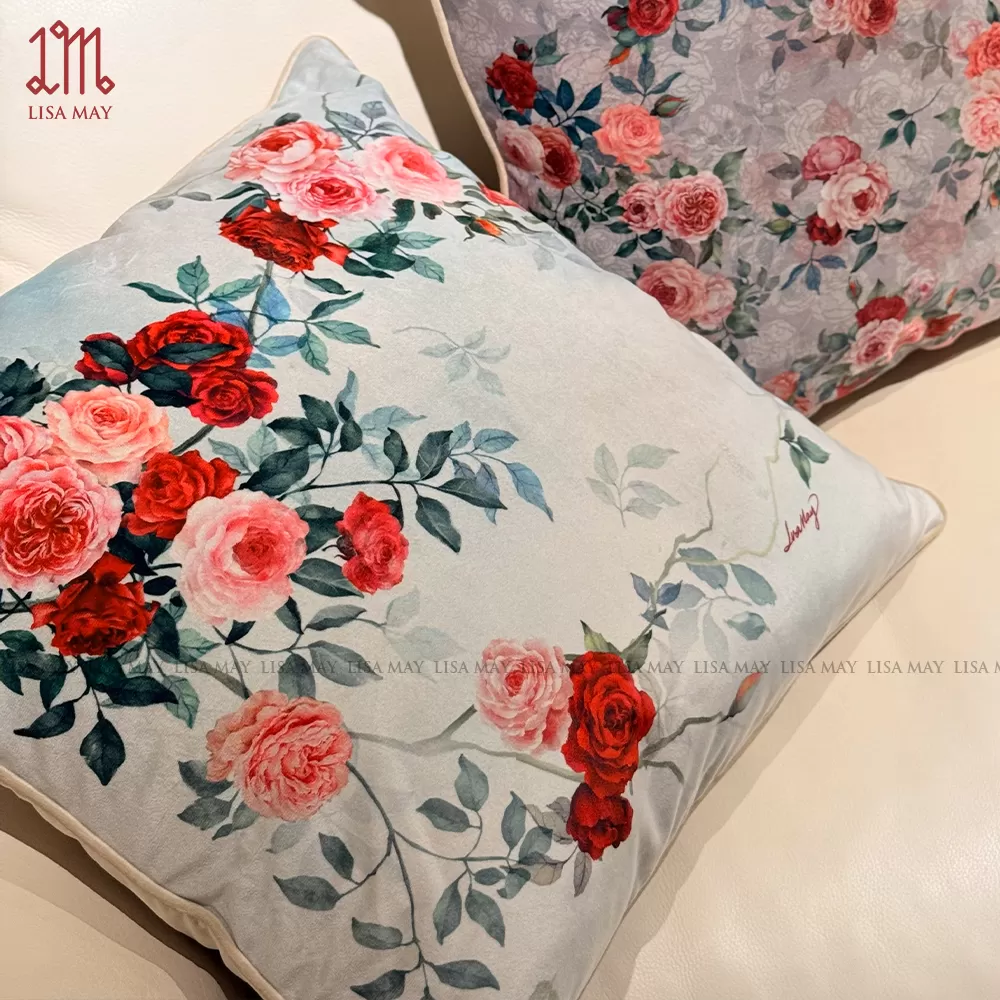 Gối vuông thiết kế họa tiết hoa hồng (DG-HH16b)