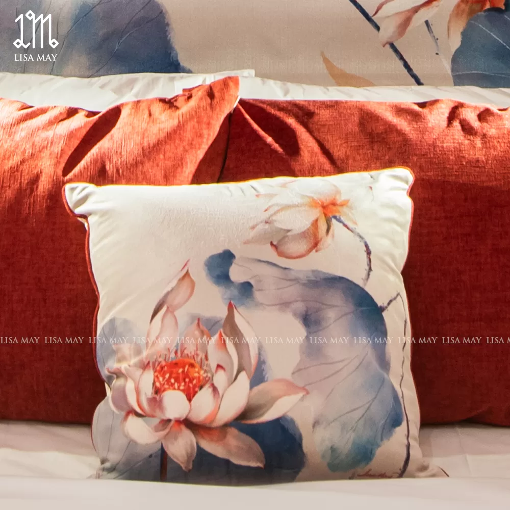 Gối vuông thiết kế họa tiết hoa sen trắng đỏ (DG-STD01b)
