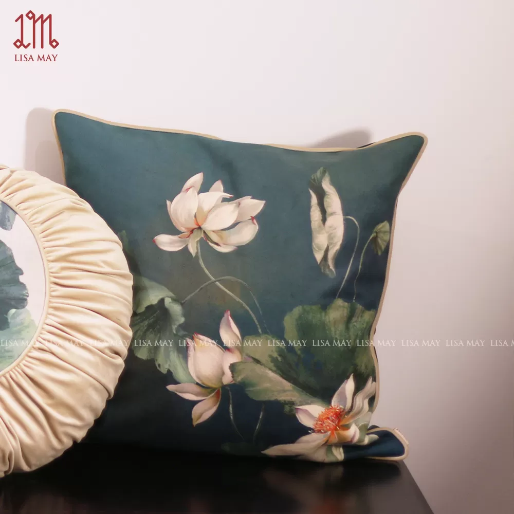Gối vuông thiết kế họa tiết hoa sen trắng (DG-ST01h)