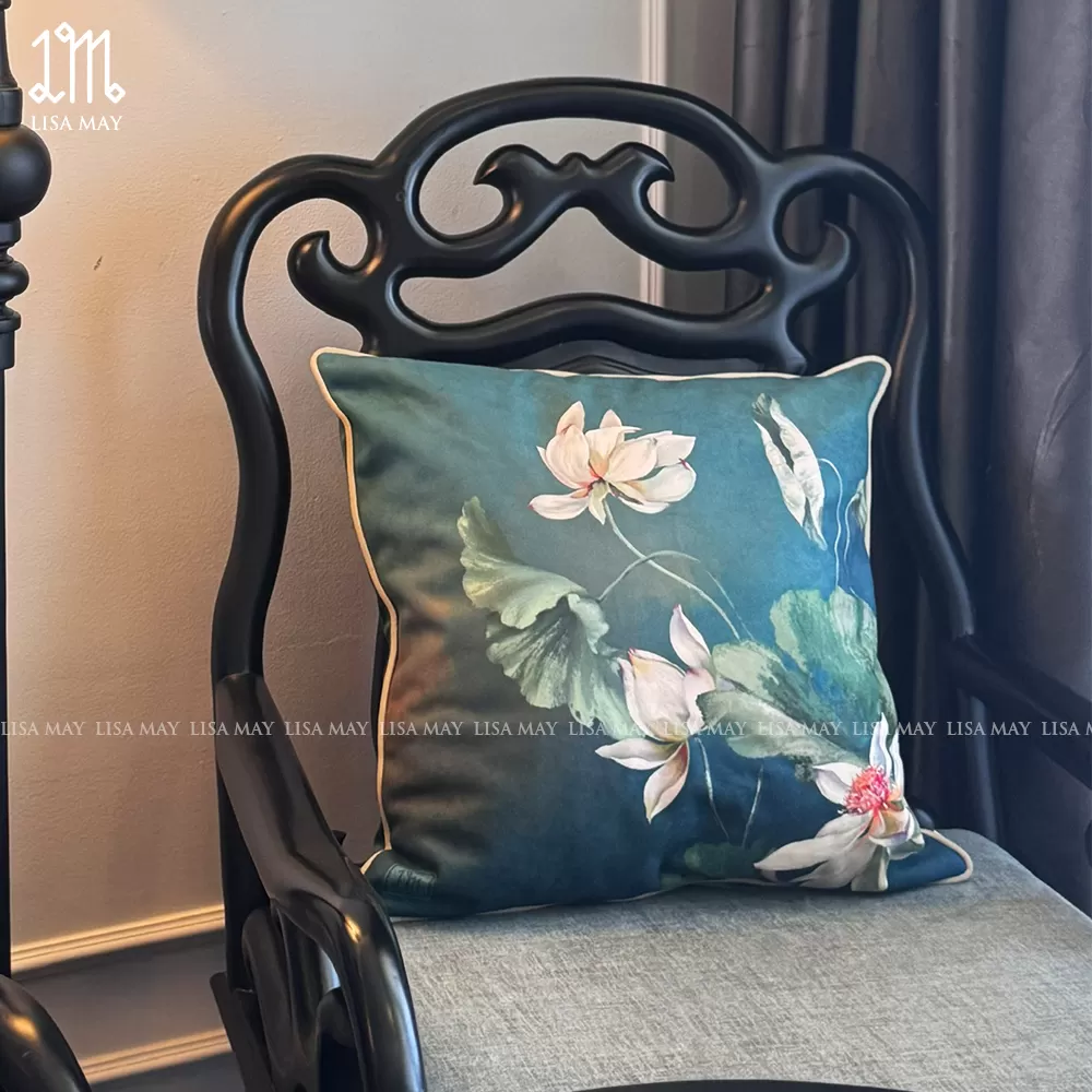 Gối vuông thiết kế họa tiết hoa sen trắng (DG-ST01h)