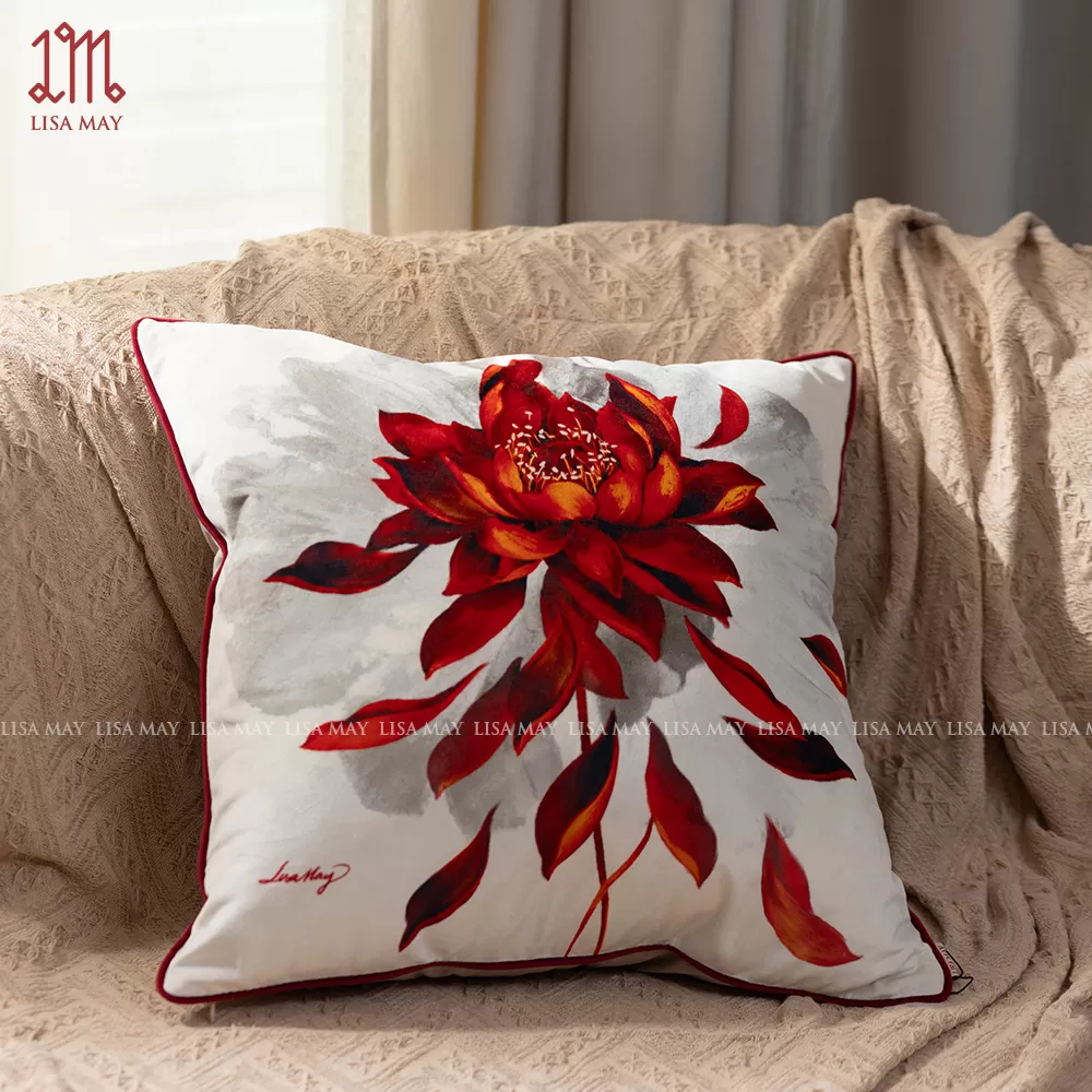 Gối vuông thiết kế họa tiết hoa sen đỏ (DG-SD1a)