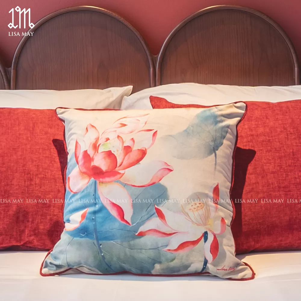 Gối vuông thiết kế họa tiết hoa sen hồng (DG-SH03a)
