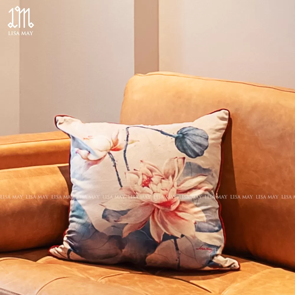 Gối vuông thiết kế họa tiết hoa sen trắng đỏ (DG-STD01c)