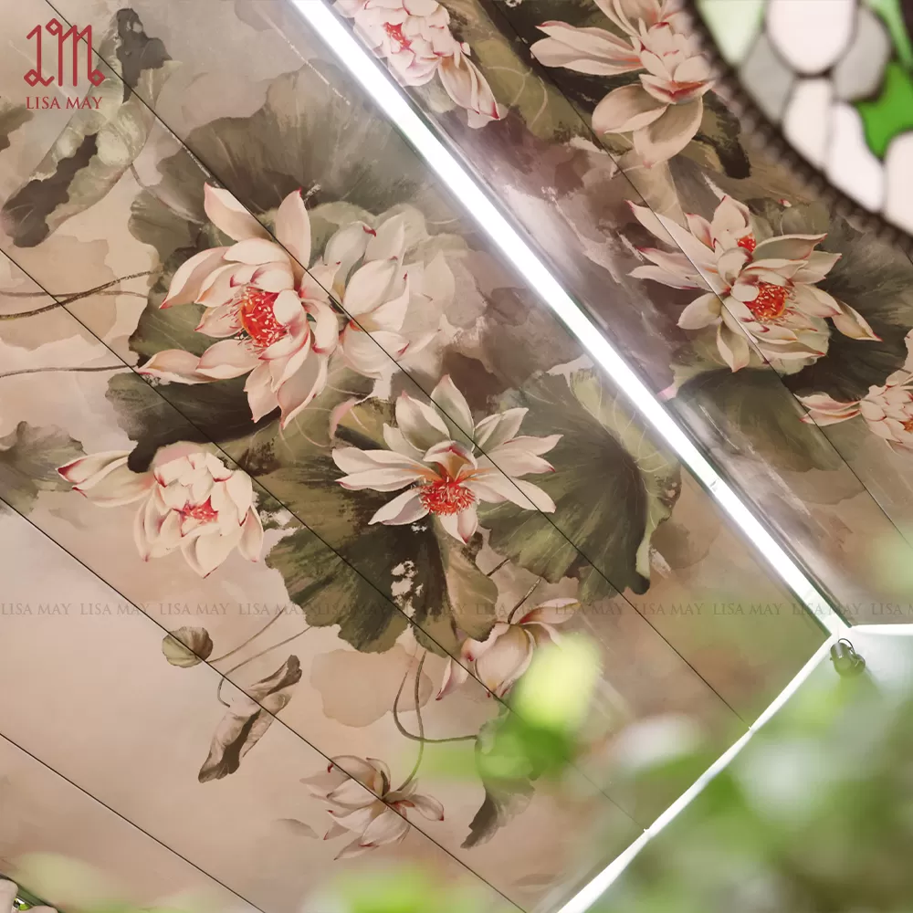 Rèm trần thiết kế họa tiết hoa sen trắng (DC-ST002a)