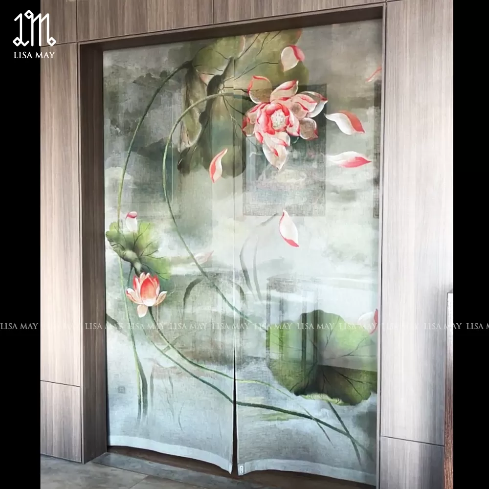 Rèm vải voan thiết kế họa tiết hoa sen hồng (DC-SH02)