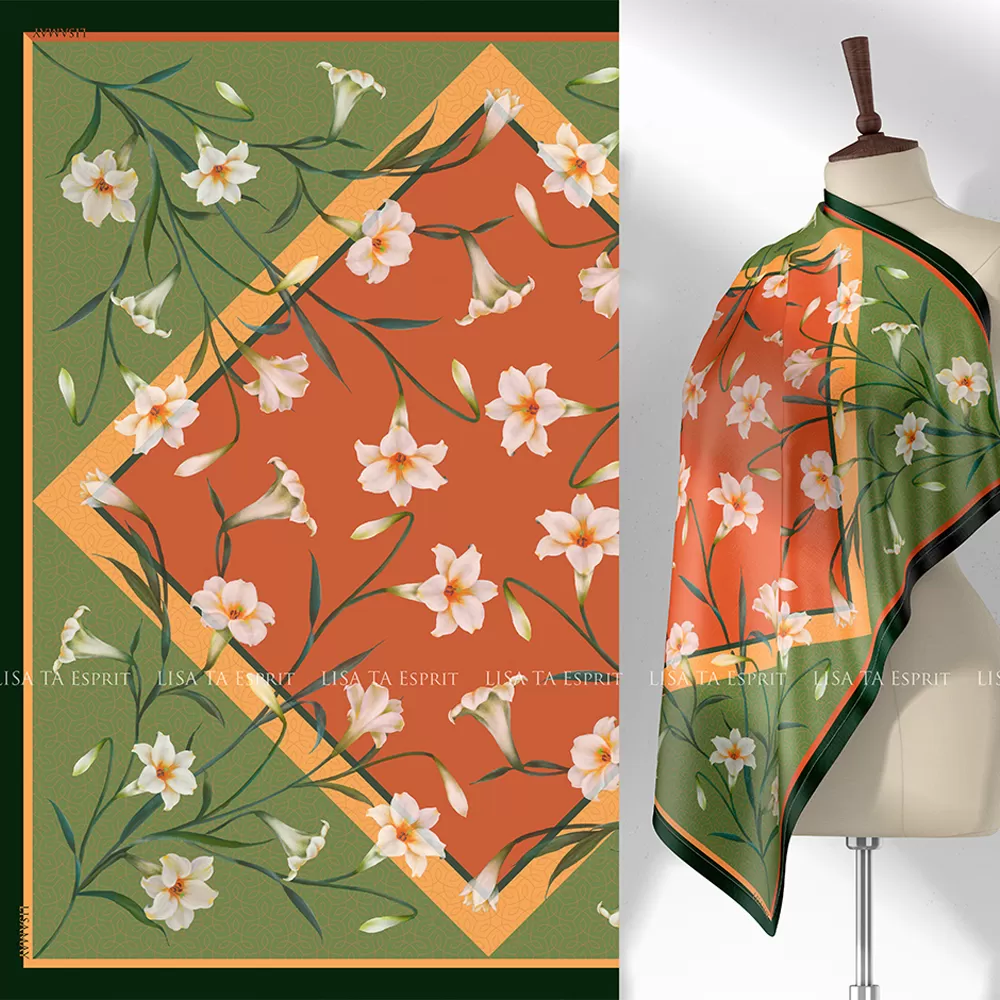 Lily’s Embrace, khăn, hoa loa kèn, khăn lụa, khăn lụa hoa loa kèn, Lily's Embrace