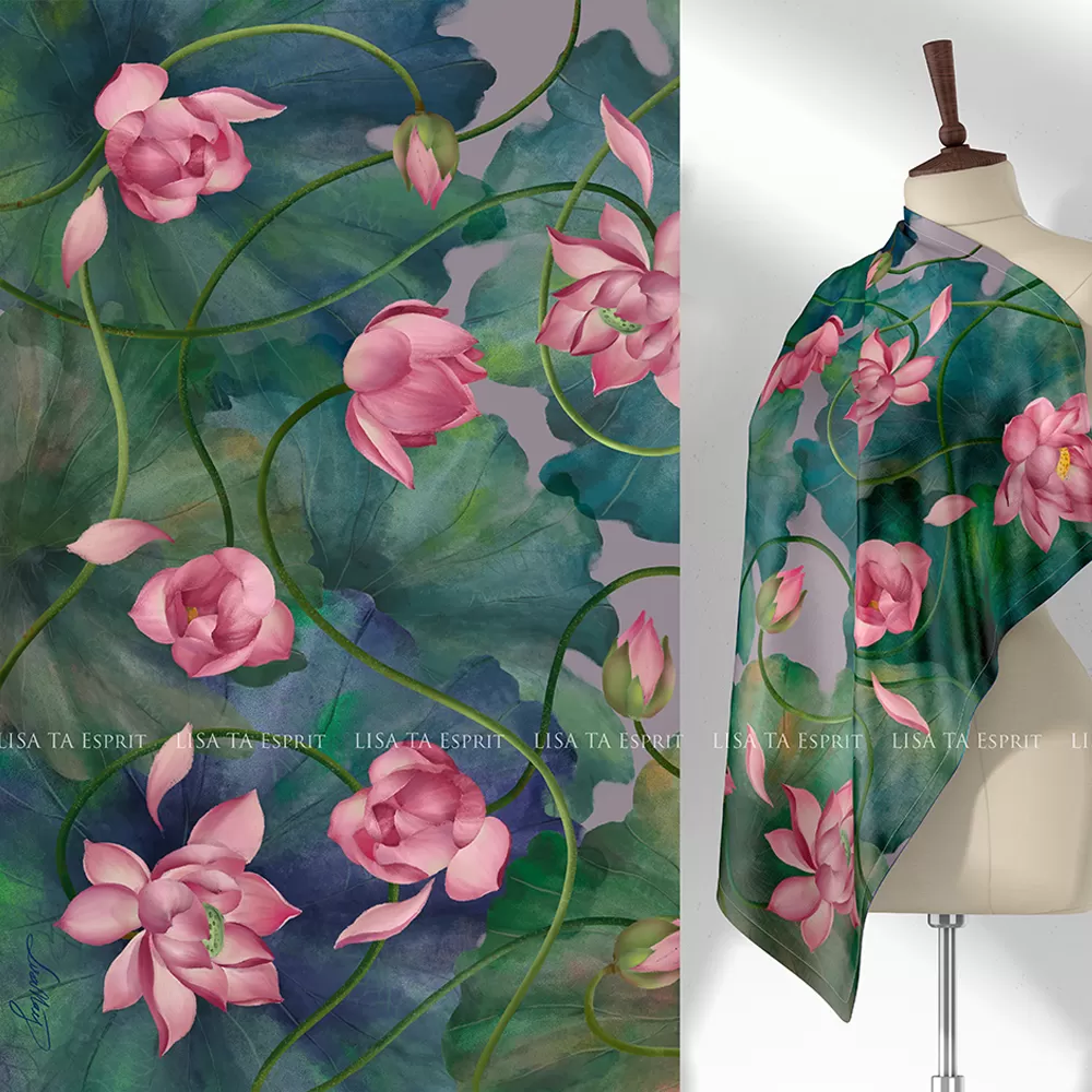 Pure Lotus, khăn, hoa sen, khăn lụa, khăn lụa hoa sen