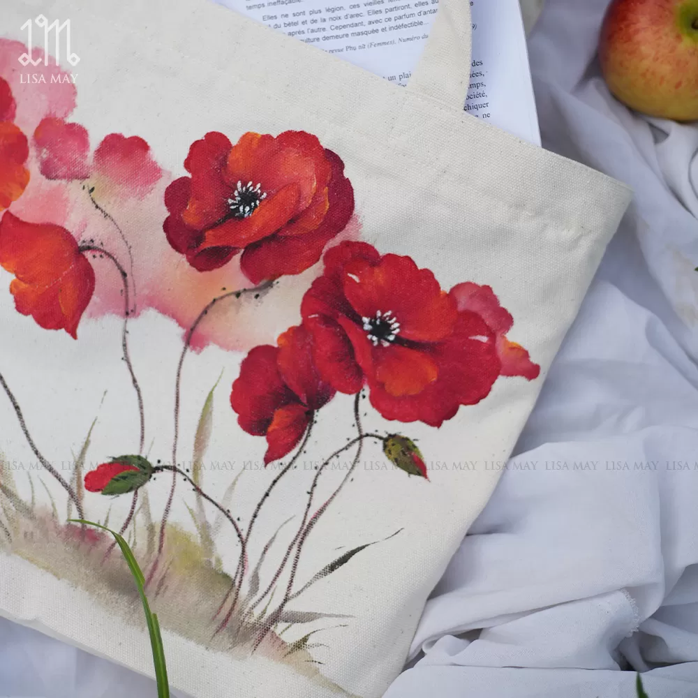 Túi vải vẽ tay họa tiết hoa poppy