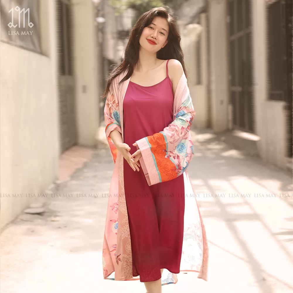 Áo kimono thiết kế họa tiết hoa hồng xanh nền hồng