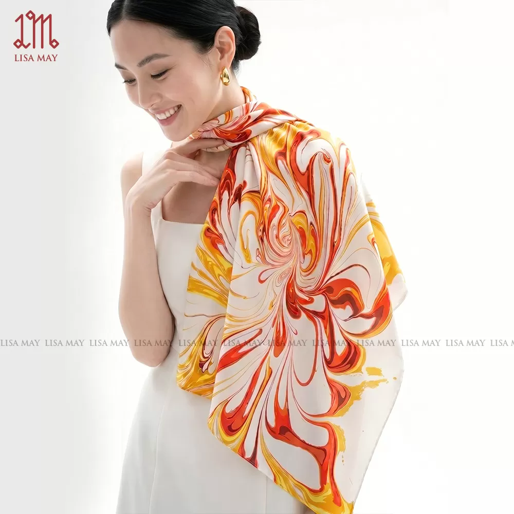 Khăn lụa thủy ấn: Solar Bloom – Nở Rộ (HKV-EB-3)