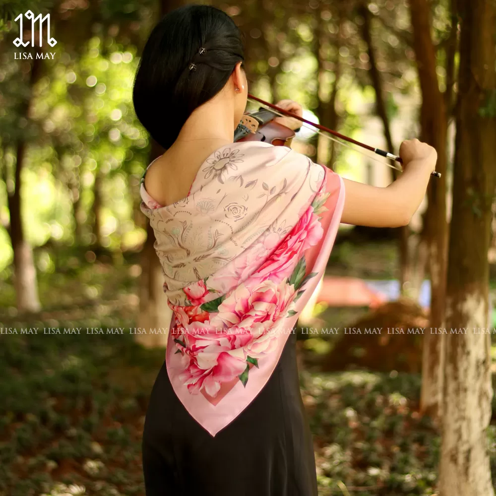 Khăn lụa tơ tằm hai mặt Hoa Mẫu Đơn (DKV-MD2S90)