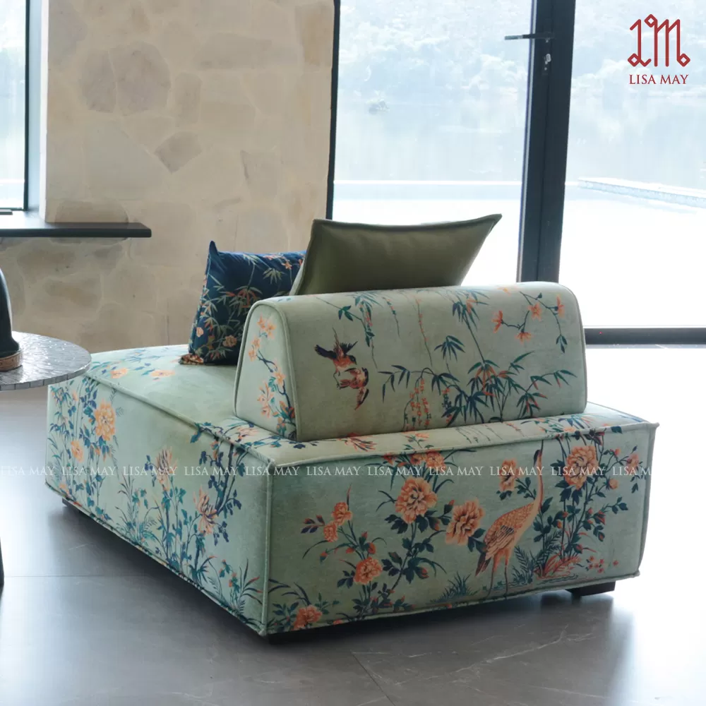 Ghế sofa ottoman bọc vải thiết kế họa tiết cúc trúc