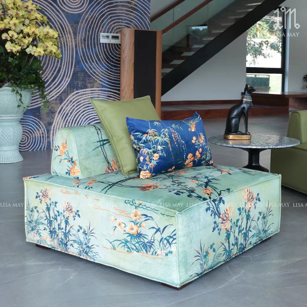 Ghế sofa ottoman bọc vải thiết kế họa tiết hạc và hoa mẫu đơn (DSA-HMD01)