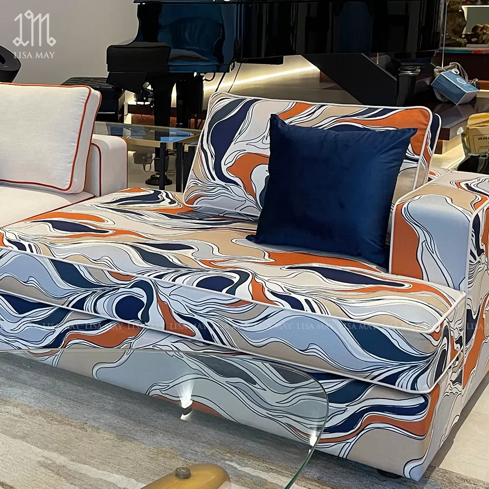 Ghế sofa dài bọc vải thiết kế họa tiết 