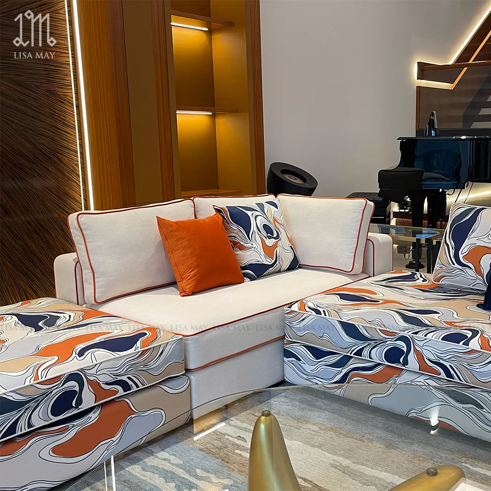 Ghế sofa dài bọc vải thiết kế họa tiết 
