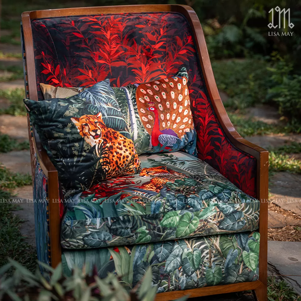 Ghế sofa đơn bọc vải thiết kế họa tiết rừng nhiệt đới (DSA-RND001)