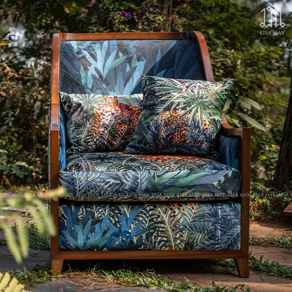 Ghế sofa đơn bọc vải thiết kế họa tiết rừng nhiệt đới (DSA-RND002)