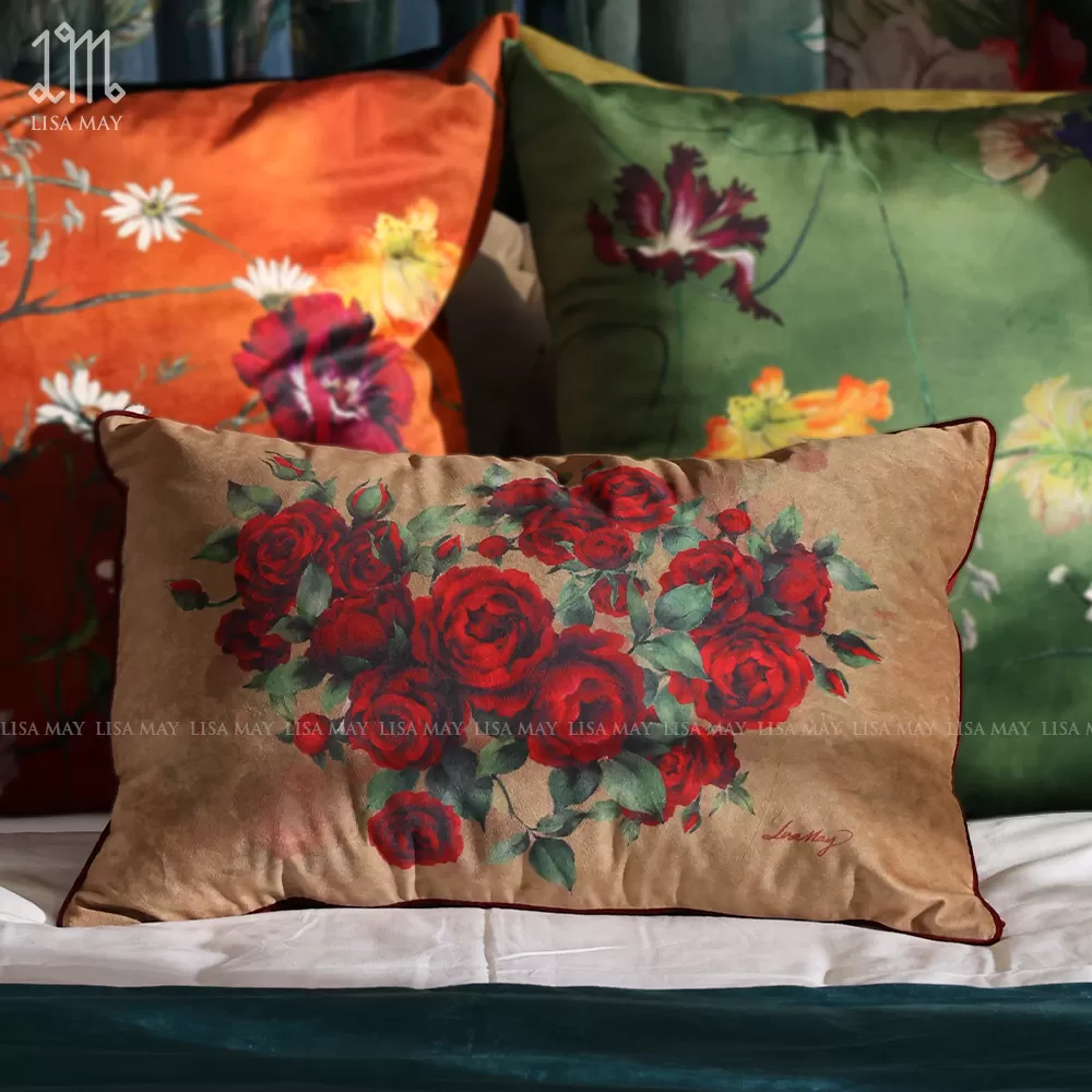 Gối chữ nhật thiết kế họa tiết hoa hồng (DG-HH11a)
