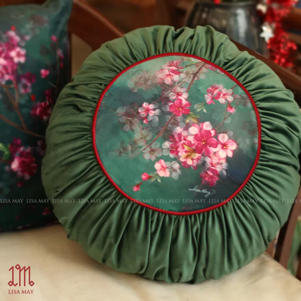 Gối tròn thiết kế họa tiết hoa đào (DG-HD5a)