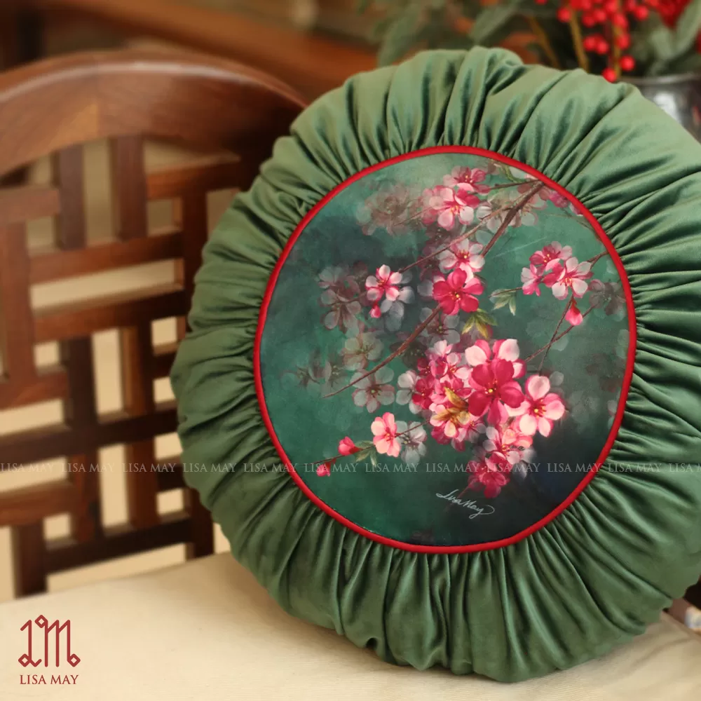 Gối tròn thiết kế họa tiết hoa đào (DG-HD5a)