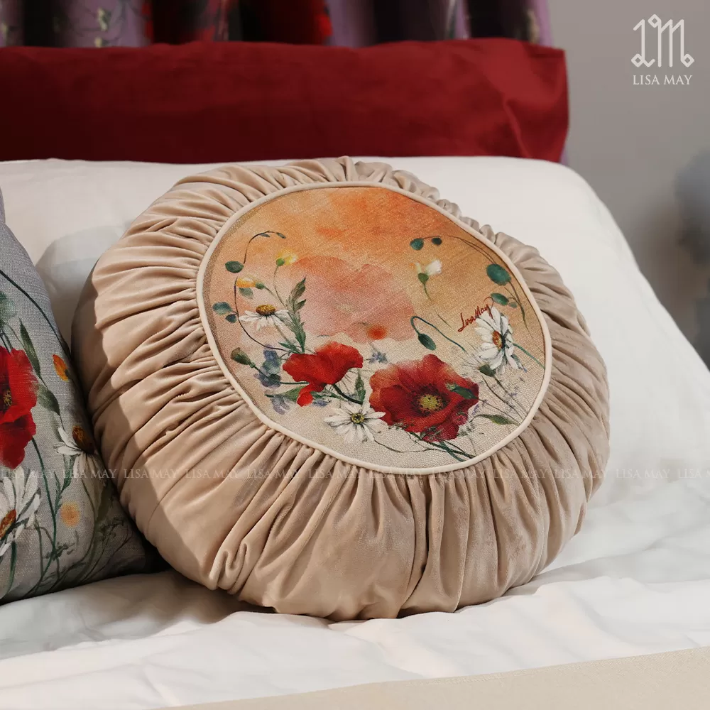 Gối tròn thiết kế họa tiết hoa đồng nội đáp nhung (DG-DN01j)