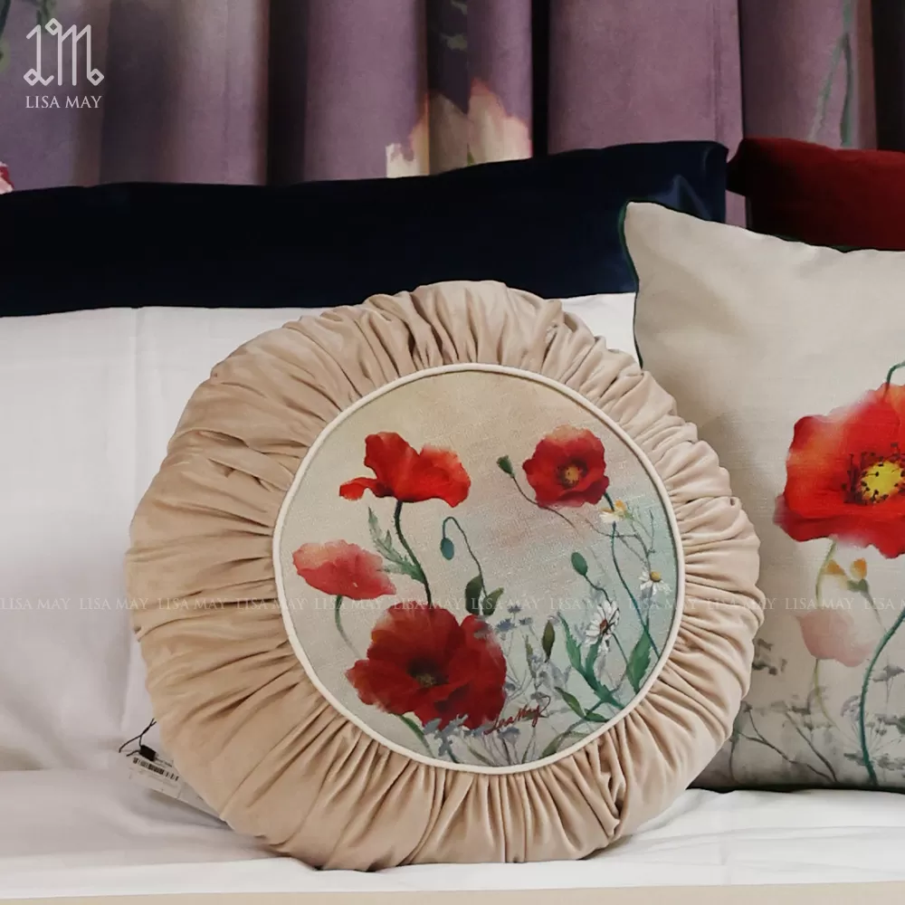 Gối tròn thiết kế họa tiết hoa đồng nội đáp nhung (DG-DN01h)