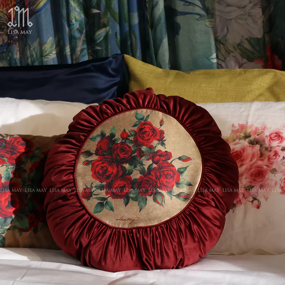 Gối tròn thiết kế họa tiết hoa hồng đáp nhung (DG-HH11b)
