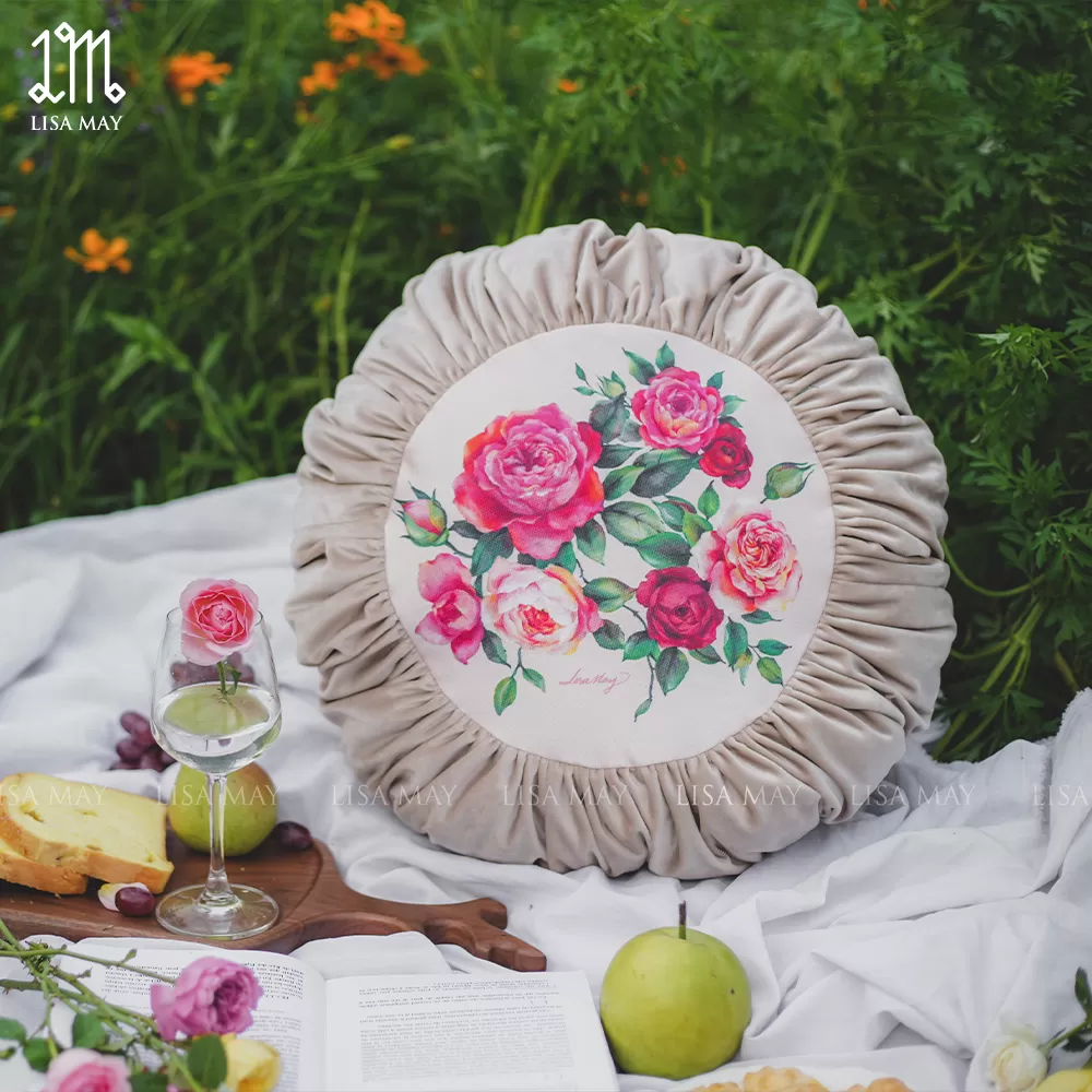 Gối tròn thiết kế họa tiết hoa hồng (DG-HH06b)