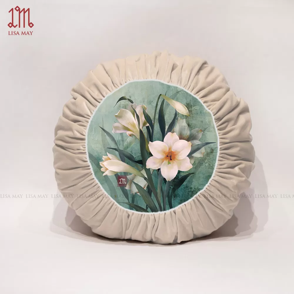 Gối tròn thiết kế họa tiết hoa loa kèn đáp nhung (DG-LK2d)