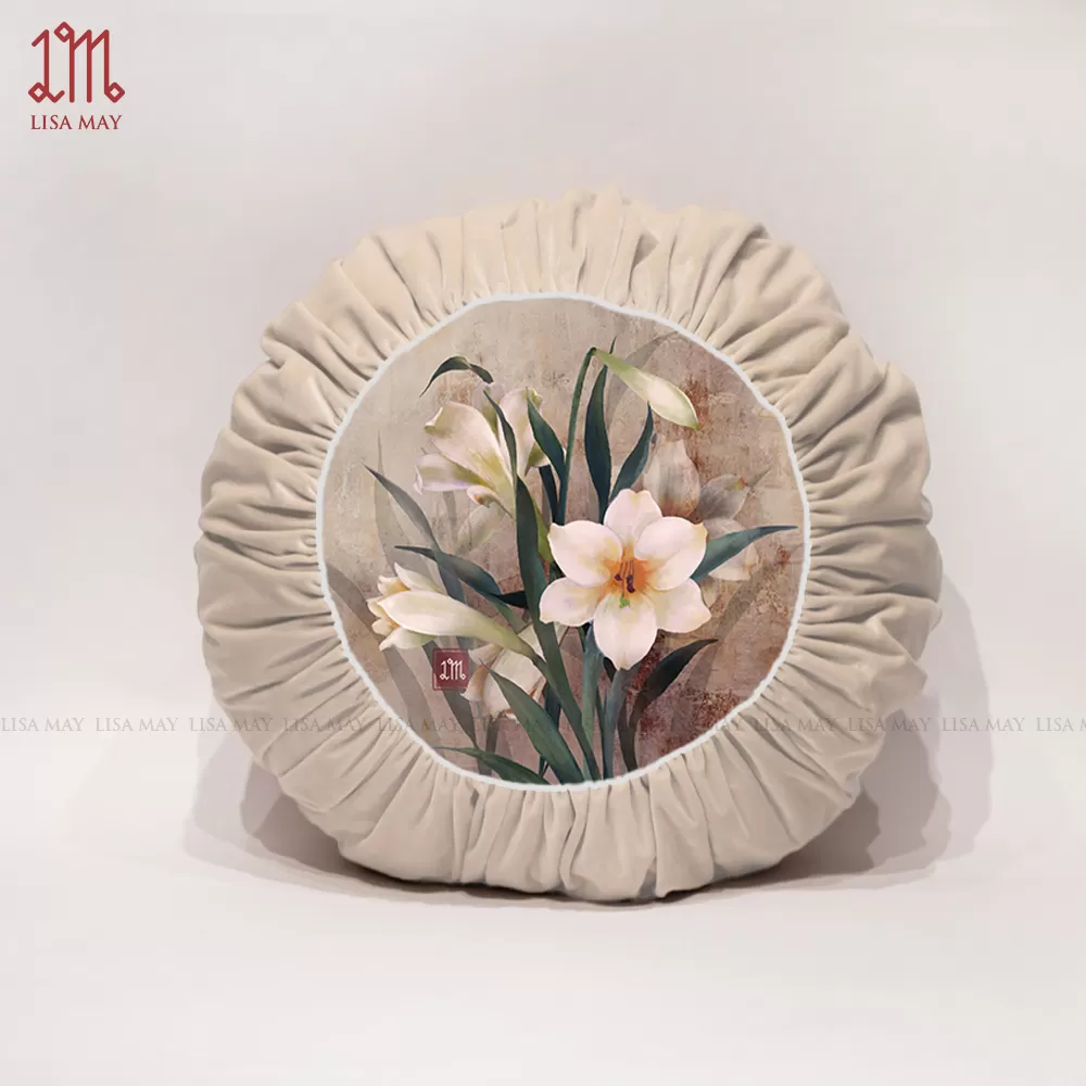 Gối tròn thiết kế họa tiết hoa loa kèn đáp nhung (DG-LK2f)