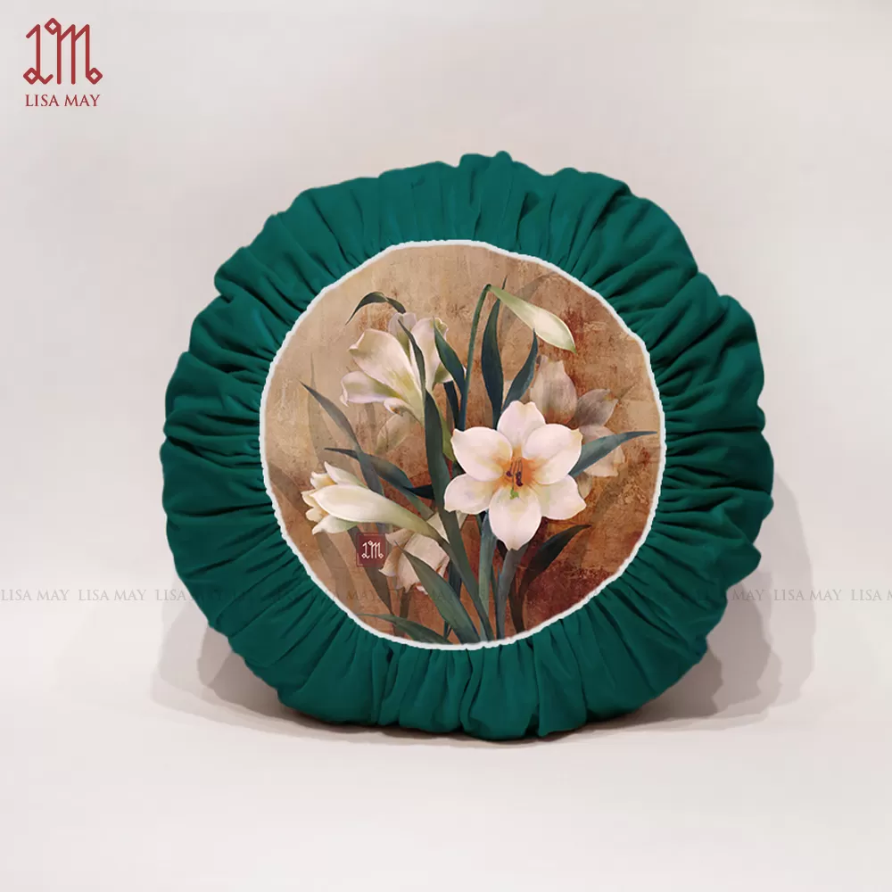 Gối tròn thiết kế họa tiết hoa loa kèn đáp nhung (DG-LK2e)