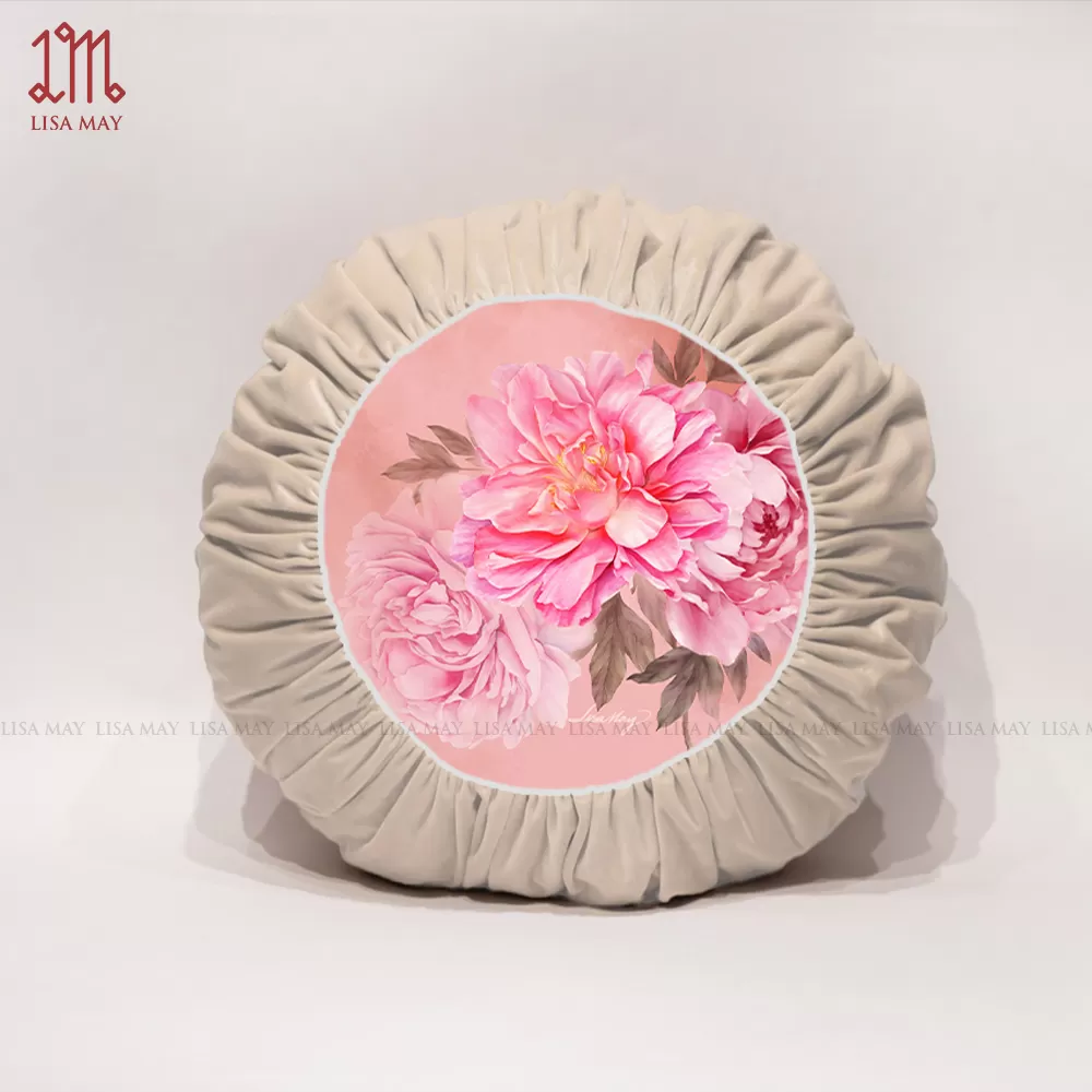 Gối tròn thiết kế họa tiết hoa mẫu đơn đáp nhung (DG-MD2a)