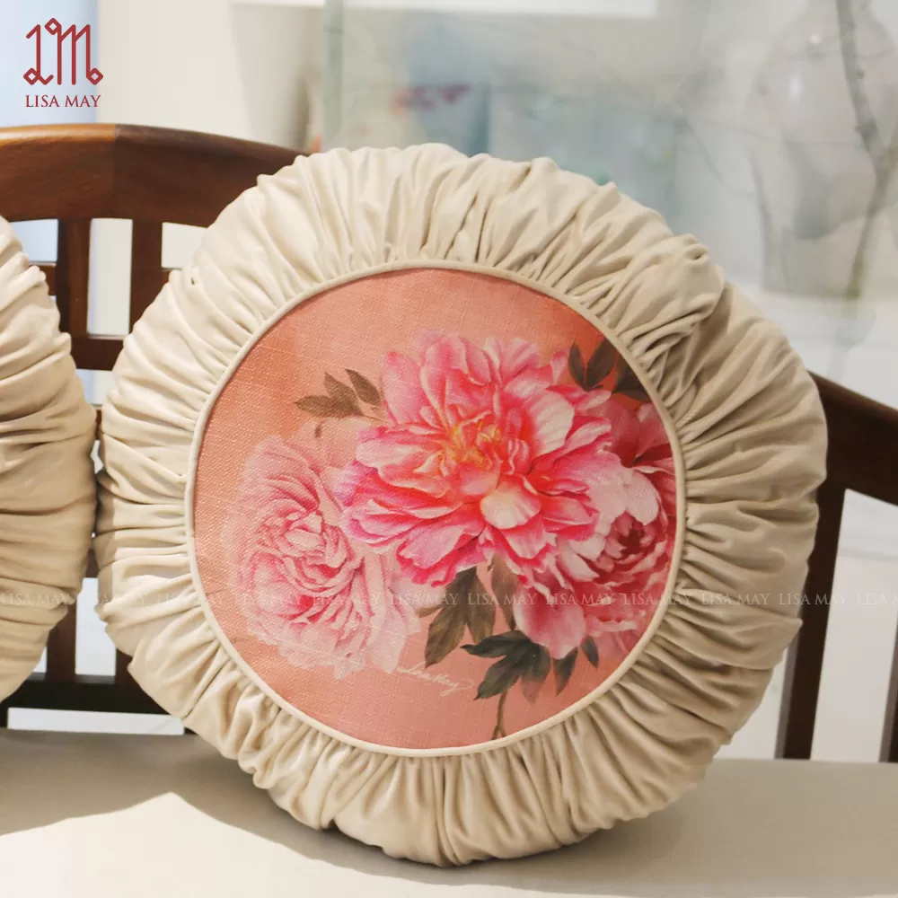 Gối tròn thiết kế họa tiết hoa mẫu đơn đáp nhung (DG-MD2a)