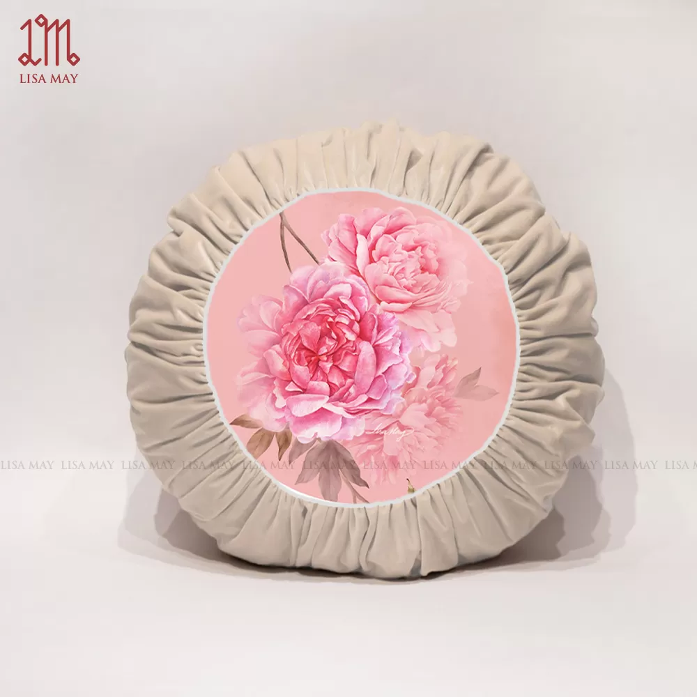 Gối tròn thiết kế họa tiết hoa mẫu đơn đáp nhung (DG-MD2d)