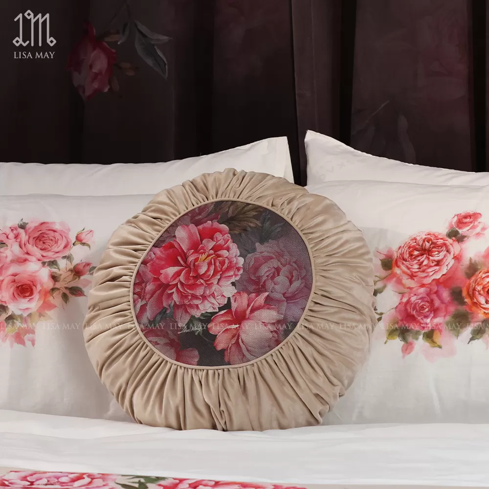 Gối tròn thiết kế họa tiết hoa mẫu đơn đáp nhung (DG-MD2f)