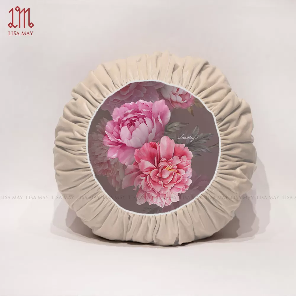 Gối tròn thiết kế họa tiết hoa mẫu đơn đáp nhung (DG-MD2g)