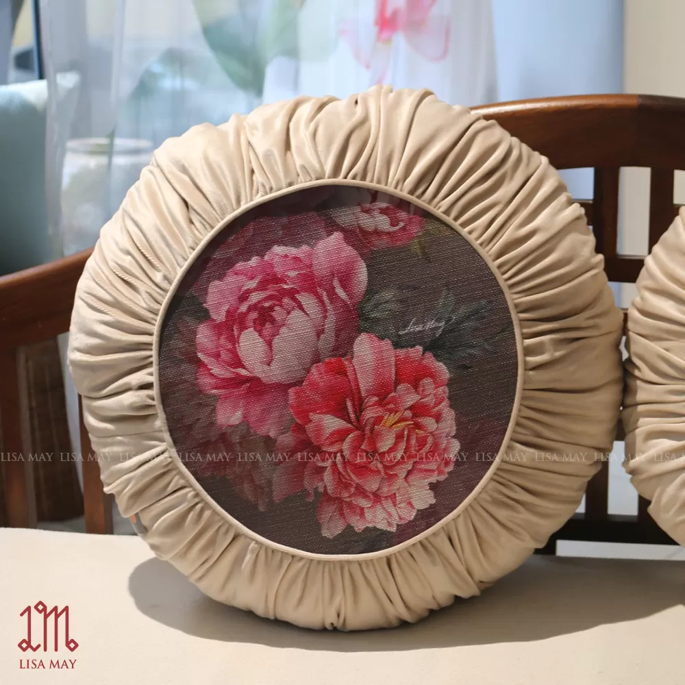 Gối tròn thiết kế họa tiết hoa mẫu đơn đáp nhung (DG-MD2g)