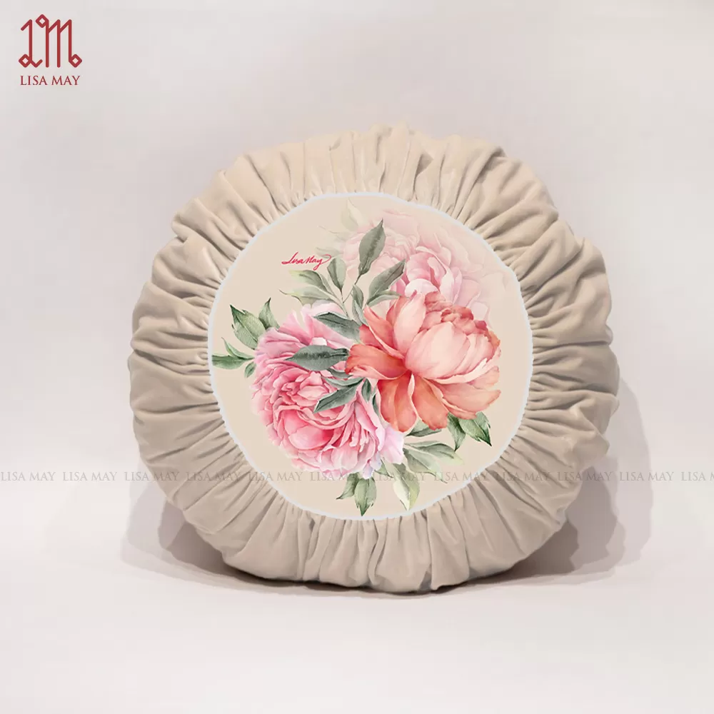 Gối tròn thiết kế họa tiết hoa mẫu đơn đáp nhung (DG-MD2h)