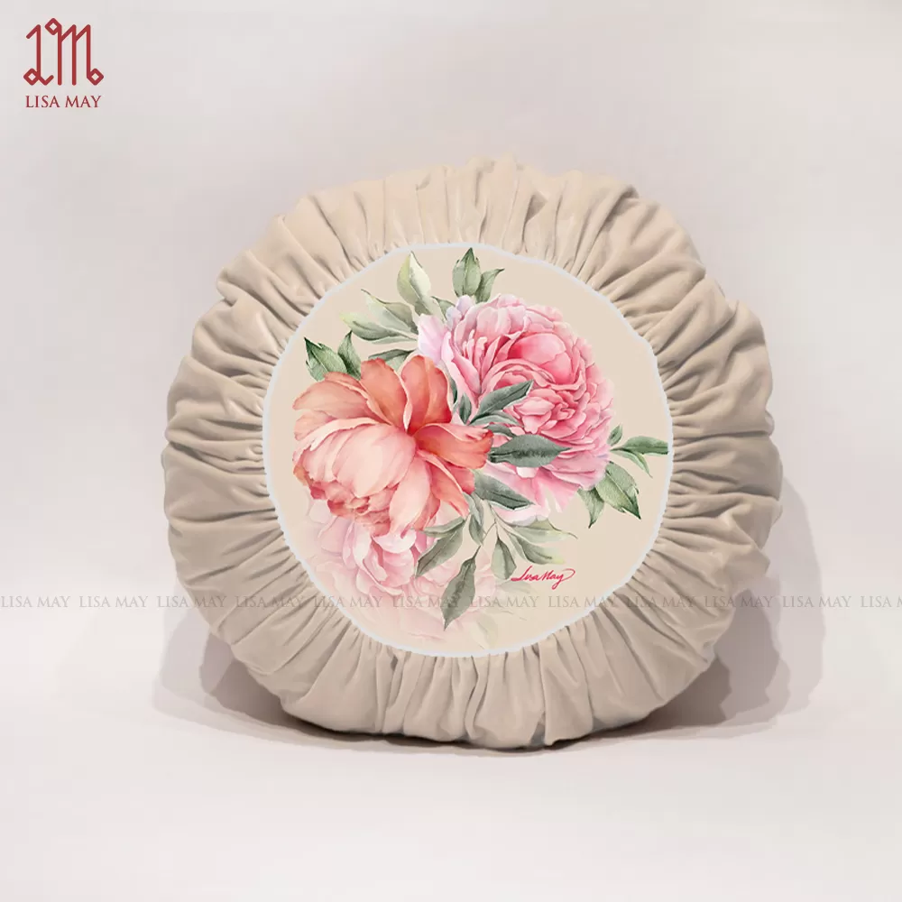 Gối tròn thiết kế họa tiết hoa mẫu đơn đáp nhung (DG-MD2i)