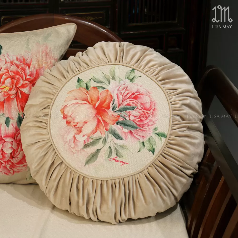 Gối tròn thiết kế họa tiết hoa mẫu đơn đáp nhung (DG-MD2i)