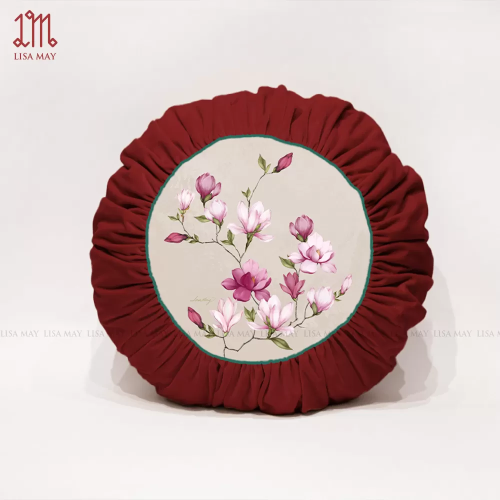 Gối tròn thiết kế họa tiết hoa mộc lan đáp nhung (DG-ML01b)