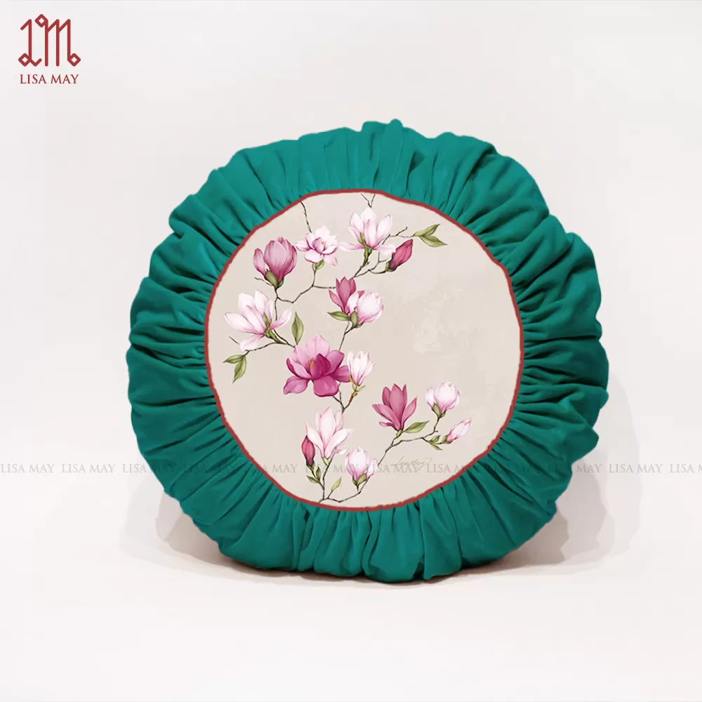 Gối tròn thiết kế họa tiết hoa mộc lan đáp nhung (DG-ML01a)